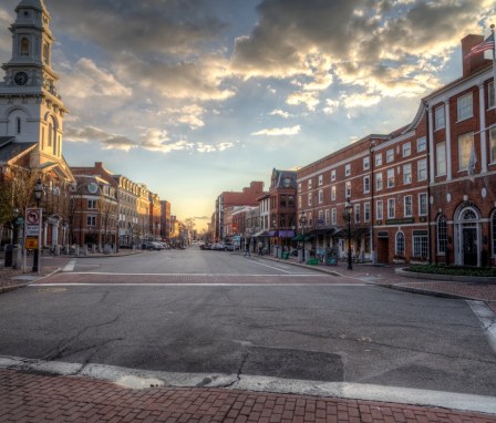 Congress St in Portsmouth, New Hampshire on cloudy day