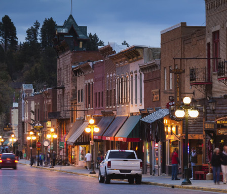 Historic Main Street in Deadwood, South Dakota at twilight