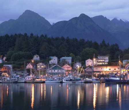 Sitka, Alaska harbor and town at twilight